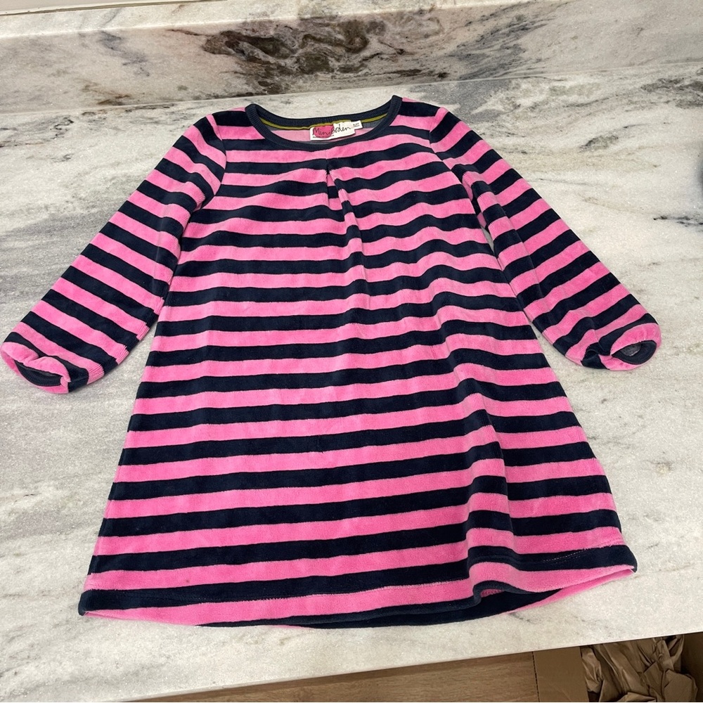 Mini Boden Girls Dress Size 4-5Y Pink Blue Stripes Soft Velour Pleat In Front